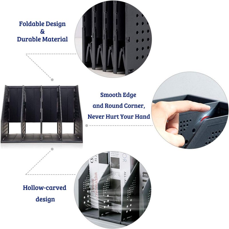 SAYEEC Collapsible Magazine Holder Plastic Desktop 4 Compartment File Rack Magazine Organizer Vertical File Divider Sorter Storage Document Organizer for Office Home School Black - Image 4